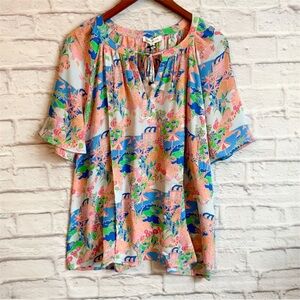 Rose & Olive Floral Top Tropical Beach Vacation Blouse Flutter Sleeves 2X NWT